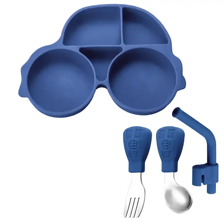 Wholesale silicone divided suction car shaped feeding  set baby plate learning tableware silicon bib kid plate child babi