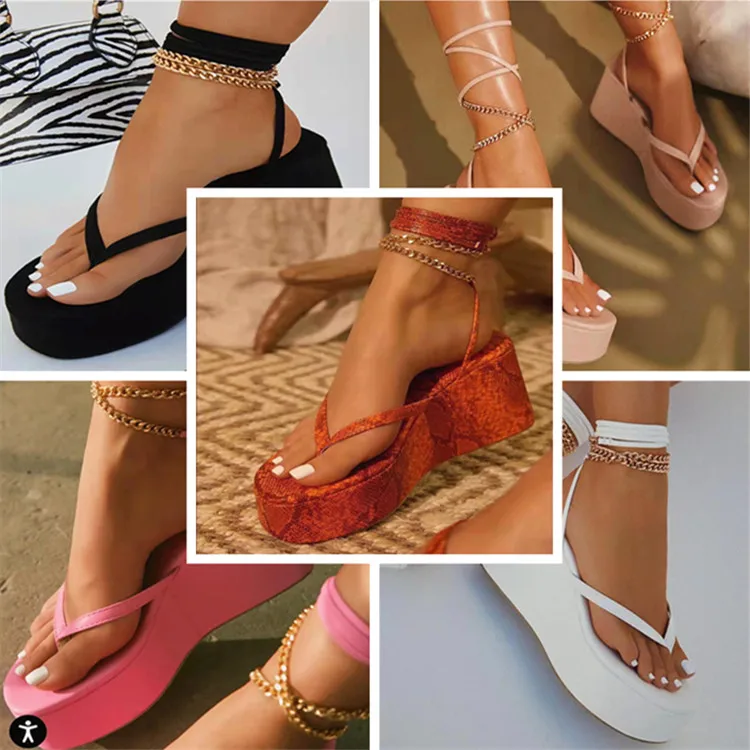 Platform flip-flops with clip toe chain ankle strap plus size wedge heels for women