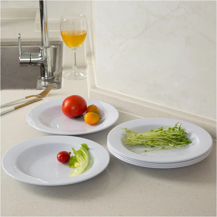 Runde tiefe teller restaurant weib wide rim pasta plate, deep well plastic round 9 inch melamine soup dish