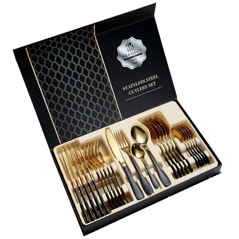 24 Piece 1010 Cutlery Knife Spoon Fork Set Gold Cutlery 24pcs Stainless Steel Flatware Sets Cutery Set With Gift Box