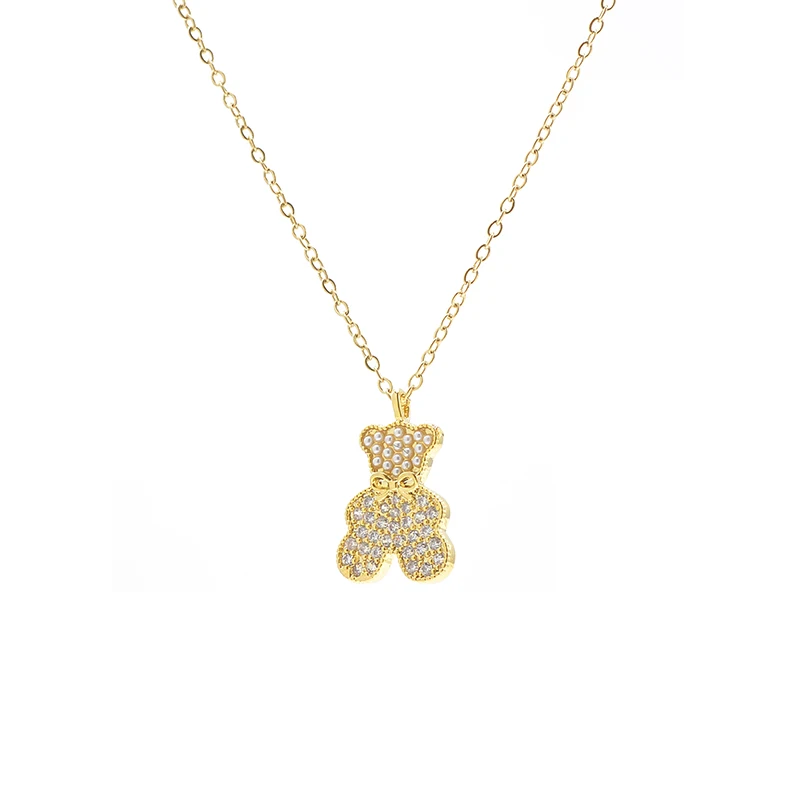XL62243 Trendy cute pave zircon teddy bear dainty necklace fashion 14K gold plated women jewelry