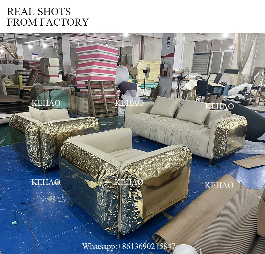 Boca Modern Style villa Light Luxury Leather Living Room Sofas Sectionals Couch Lounge Custom gold brass Sofa Set Furniture