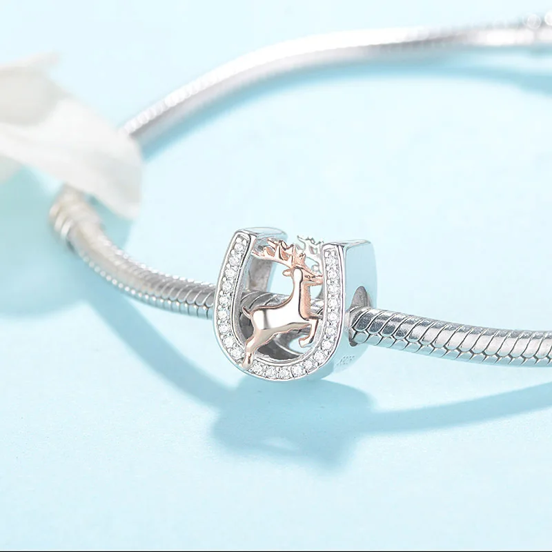  925 Sterling silver zircon pave horseshoe deer charms beads fit bracelet making for