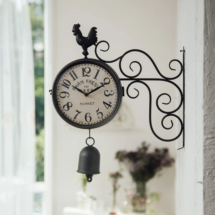 Garden Double Clock with Bell Outside Decoration Retro Style Double Sided Wall Clock