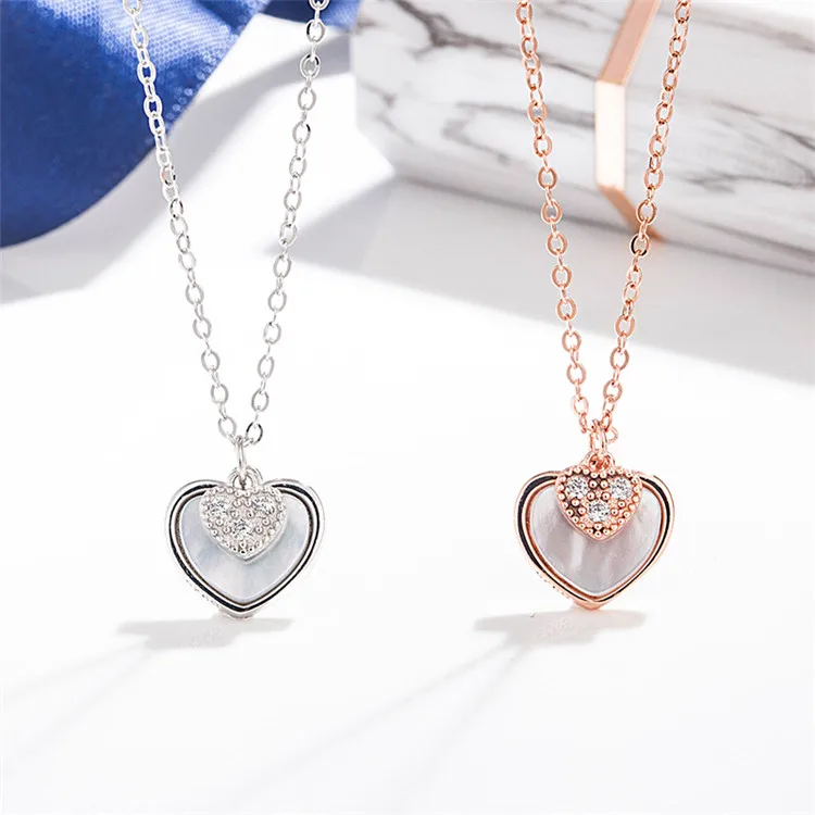 wholesale women 925 sterling silver zircon shell paved double heart pendant necklace