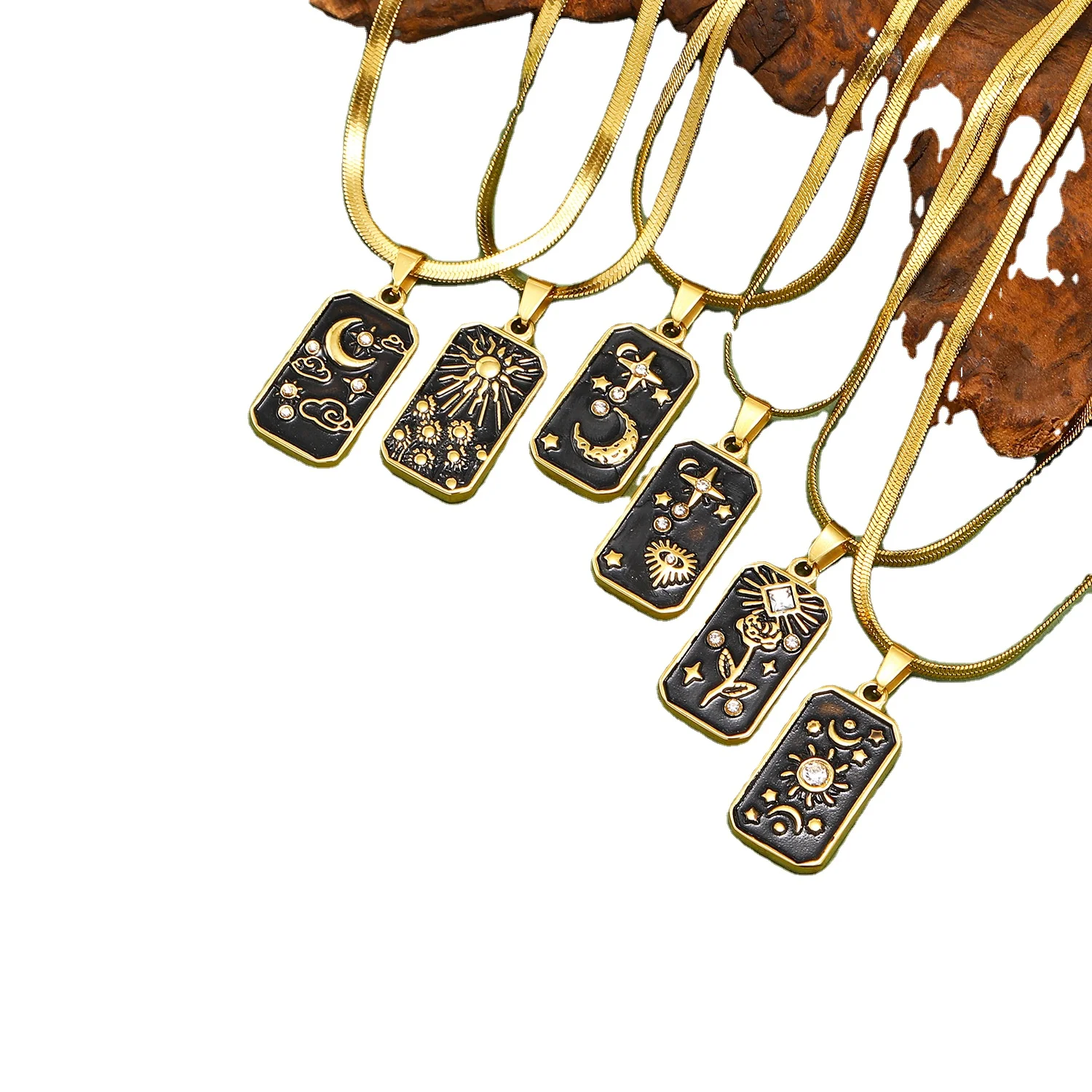 Classic Black Oil Drip Square Plate Divination Necklaces Gold Stainless Steel Snake Chain Diamond Inlay Tarot Necklaces