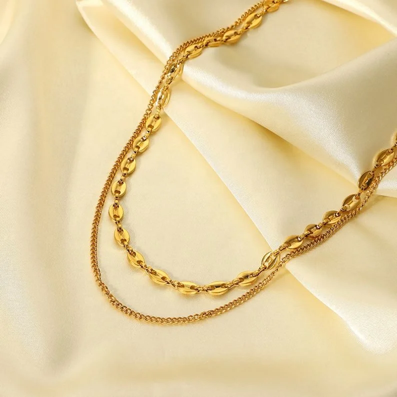 New Simple Double Layer Chain Link Chocker Women Jewelry 18K Gold Plated Stainless Steel Necklace