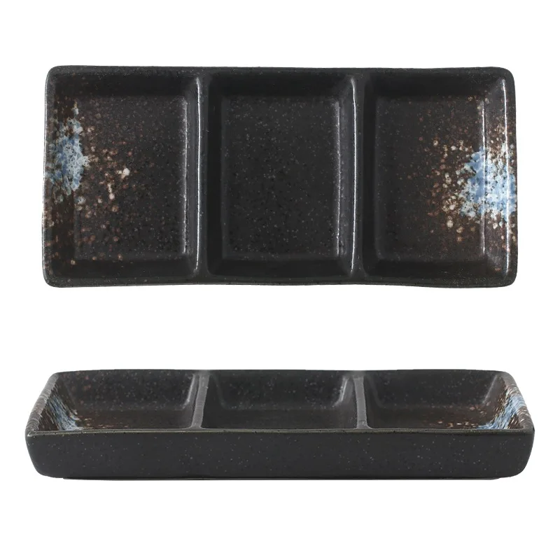 Wholesale japanese restaurant soy sauce dish ceramic three grid plate dish porcelain