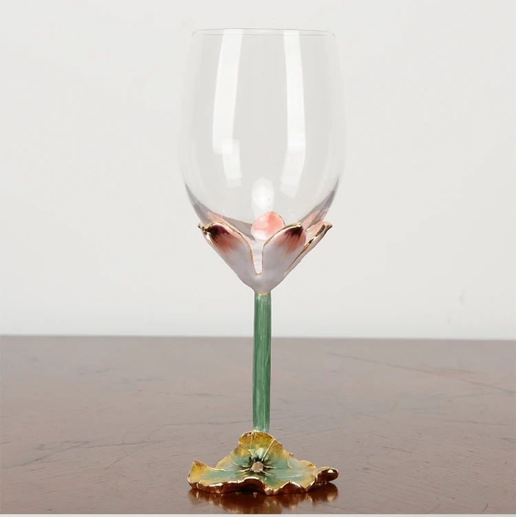 Lotus Enamel Crystal Glass Goblet set of 4 Handmade Flower Wine Glasses for Wine Tasting Christmas Gift copa de vino copa