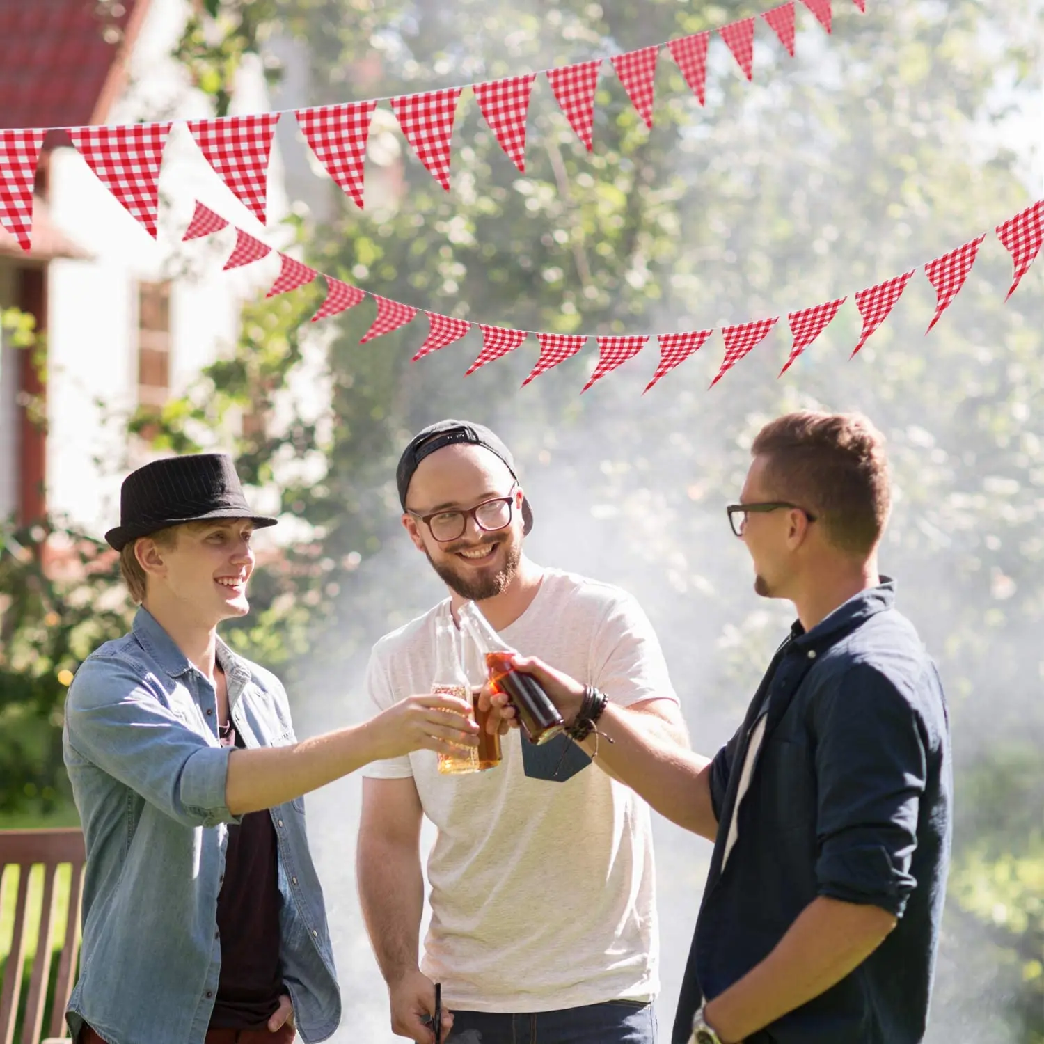 
Red and White Checkered pennant banner Large Gingham Triangle Banner Red and White Banner for Picnic Birthday 