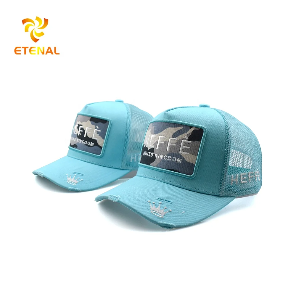 wholesale Custom High Quality Mens 5 Panel Cotton Embroidery Patch Logo Dubai Foam Mesh Distressed Trucker Caps Hat