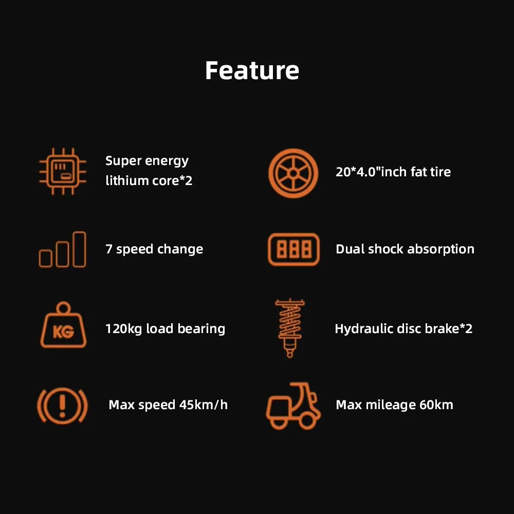 Электрический внедорожник 20*4 дюйма 48 В 15 А · ч 750 Вт 1500 7 скоростей 45 км/ч внедорожный