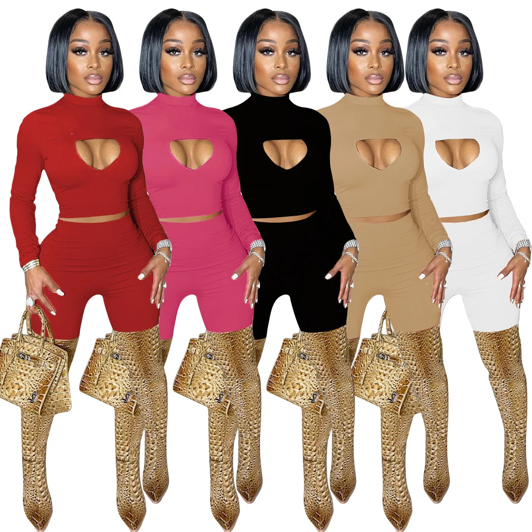 Женский комплект из 2 предметов, однотонный облегающий эластичный Топ с вырезами и длинными рукавами и узкие брюки-карандаш, осень 2021