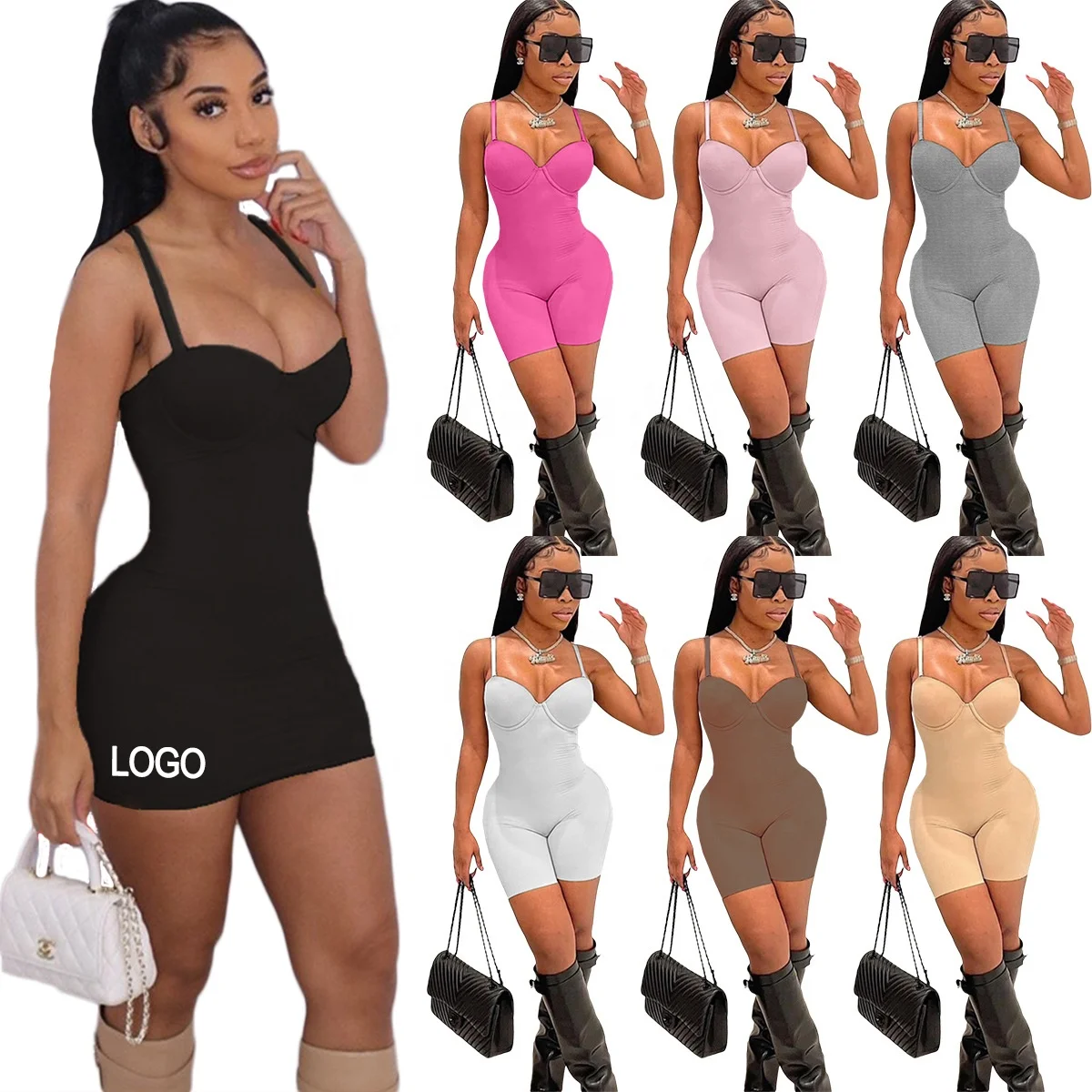 Pink Adult Custom logo Active Womens Short Jumpsuit Stage Show Women One Piece Jumpsuits With Back Out Dress Bodysuit