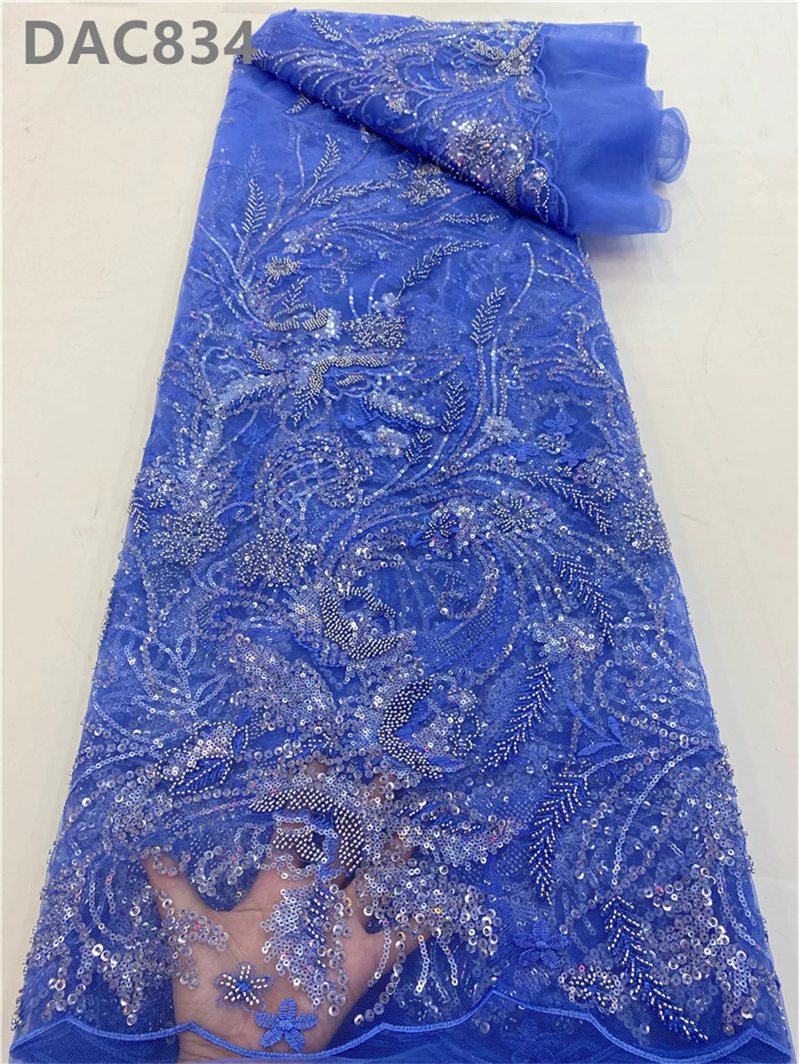 Luxury French Navy Blue Handmade Applique Pearl Beaded Lace Fabric With Sequins Embroidered