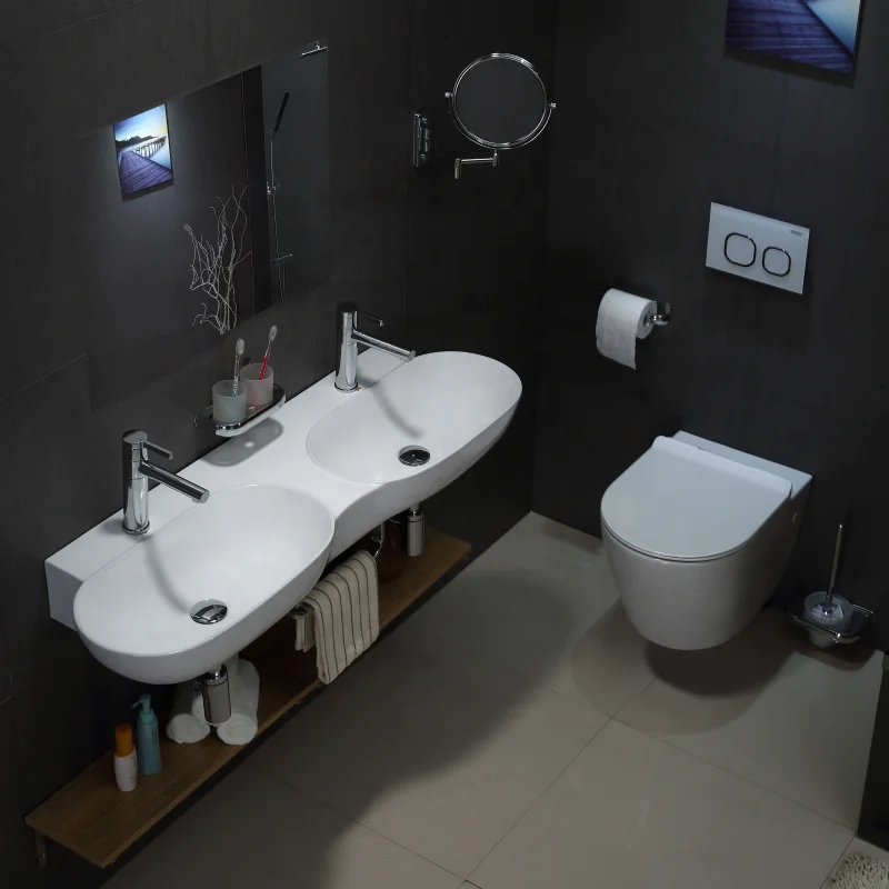 Expensive sanitary ware bathroom dining room oval double wash basin one piece wall hung basin