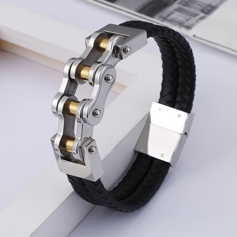KALEN Bike Chain Men Bicycle Motorcycle Mens Braided Leather Bracelet