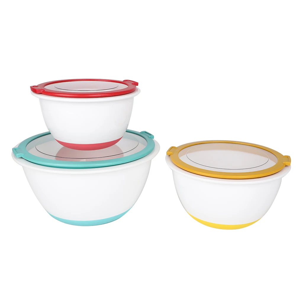 Non Slip Silicone Bottom Plastic Mixing Bowls Set With Airtight Lids