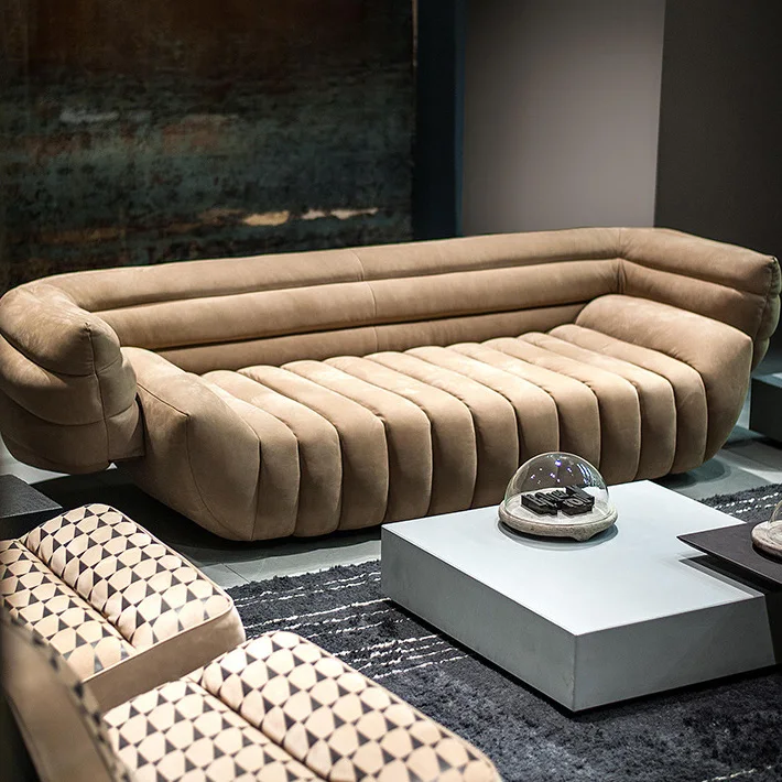 Italian design luxury living room furniture fancy nubuck coach suede blue baxter banana shaped sofa