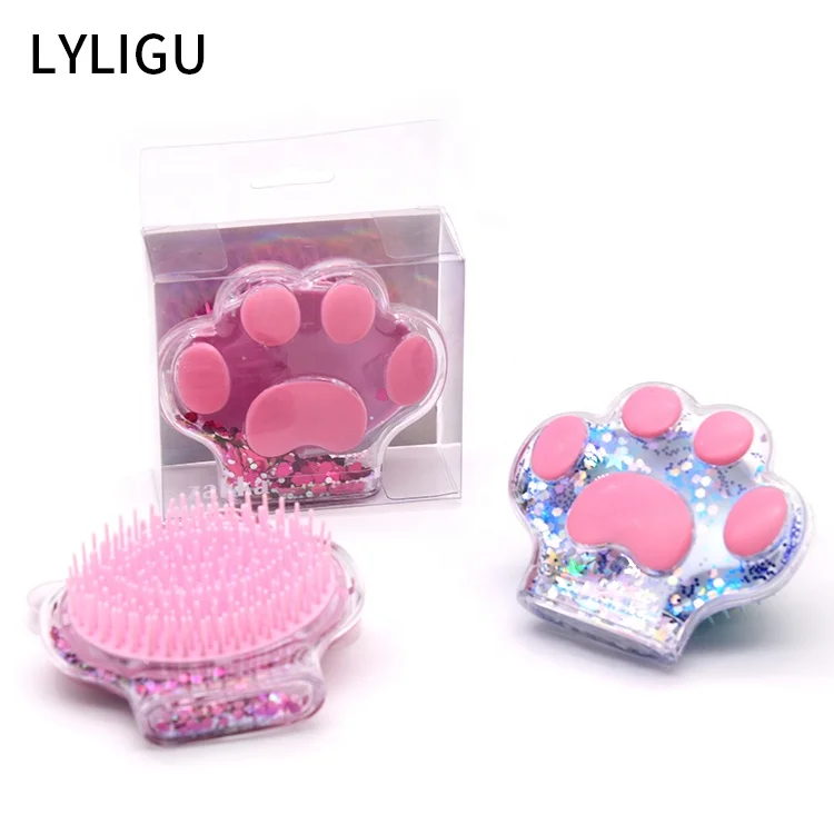 LYLIGU Massage glitter cat paw hair brush comb new design detangle hair brush style for girls