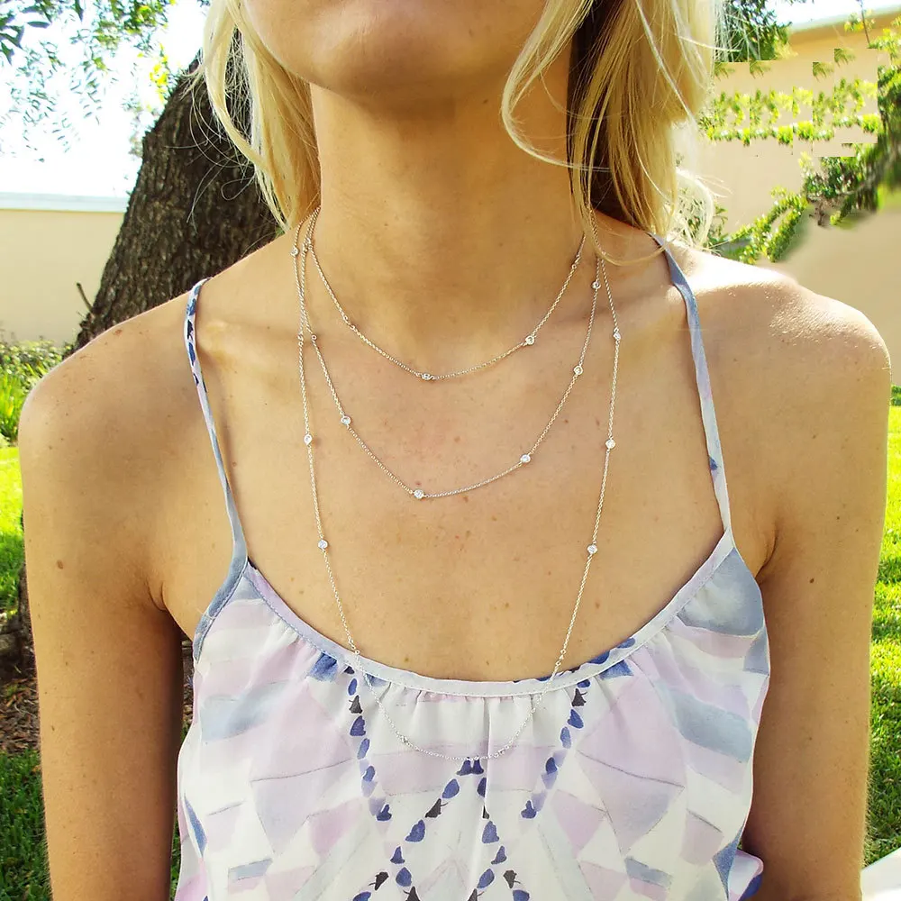 925 Sterling Silver CZ Station Chain Necklace 45cm 85cm 102cm One Double Triple Row Fashion Fine Women Jewelry