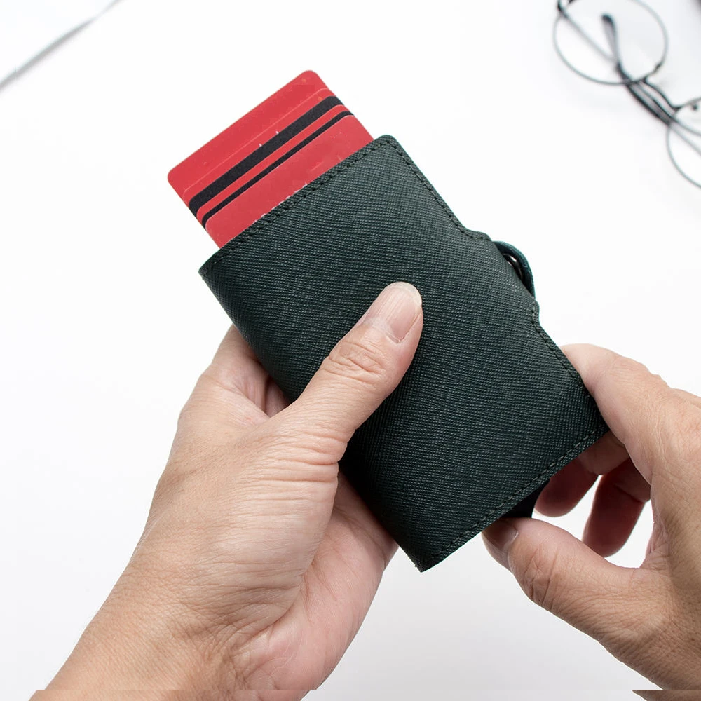 Custom Logo RFID Genuine Leather Wallet for Women Men Metal Card Holder RFID cardholder Porte Carte