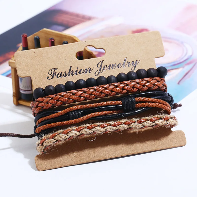 Vintage wood Wooden beads PU leather Woven Ethnic adjustable men bracelet