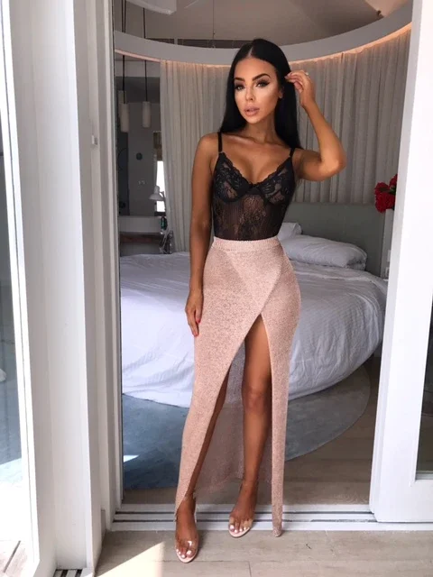 High Waist Sexy Split Fork Long Skirts Shiny Metallic Dress  maxi Skirt women