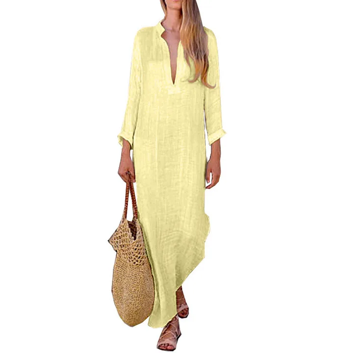 2022 Clothing summer Long Sleeve Beach Bohemian Dresses Ladies V Neck pure color women  Maxi Casual Boho Dress