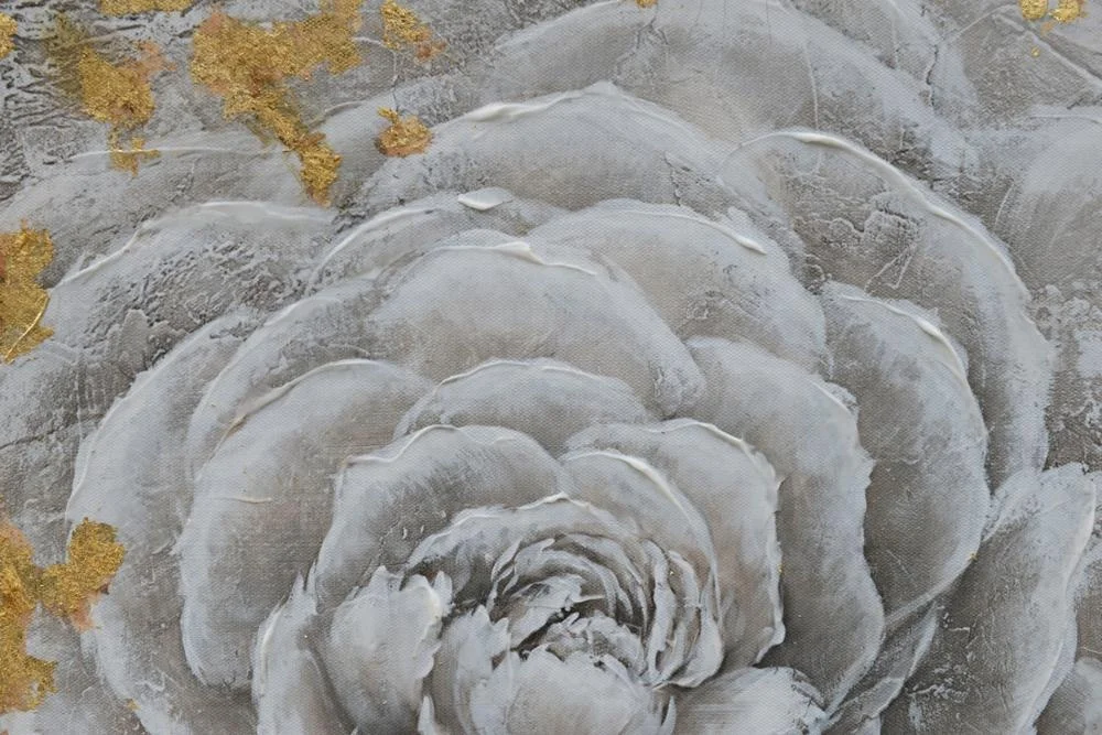 Hand Painted Modern White Flower With Gold Foil Print Artwork Pictures With Embellishment On Canvas For Bedroom Decoration