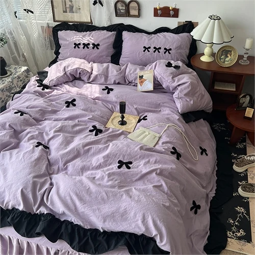 French Style Lace Bow Towel Embroidery Solid Color Washed Cotton Four Piece Set Bedding Set