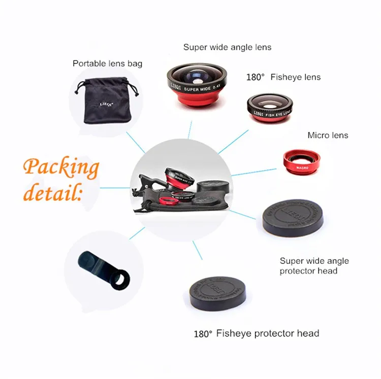 
2018 Promotion Product Universal Cell Phone Camera Lens Kit , 3 in 1 Fish Eye Lens Camera Lens for Mobile Custom LOGO 
