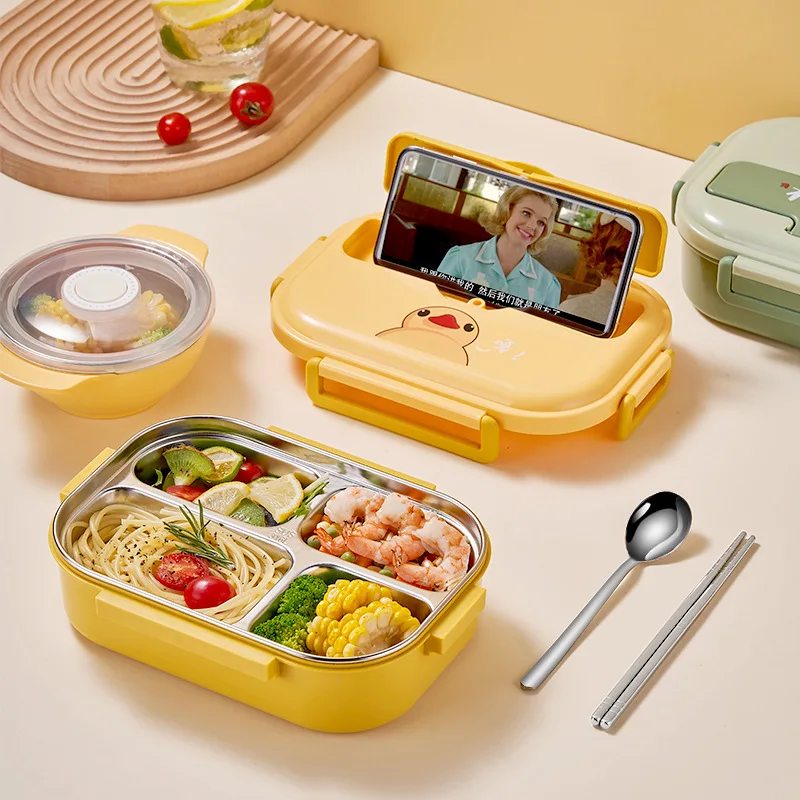 Royalunion Cartoon Leakproof Heatable Stainless Steel Food Storage Container Plastic Kids Bento Box Lunch Box with Tableware
