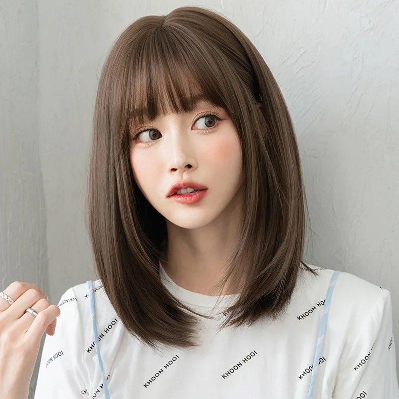 Ainizi Korean style 40cm short bob cold brown synthetic hair wigs with bangs for women