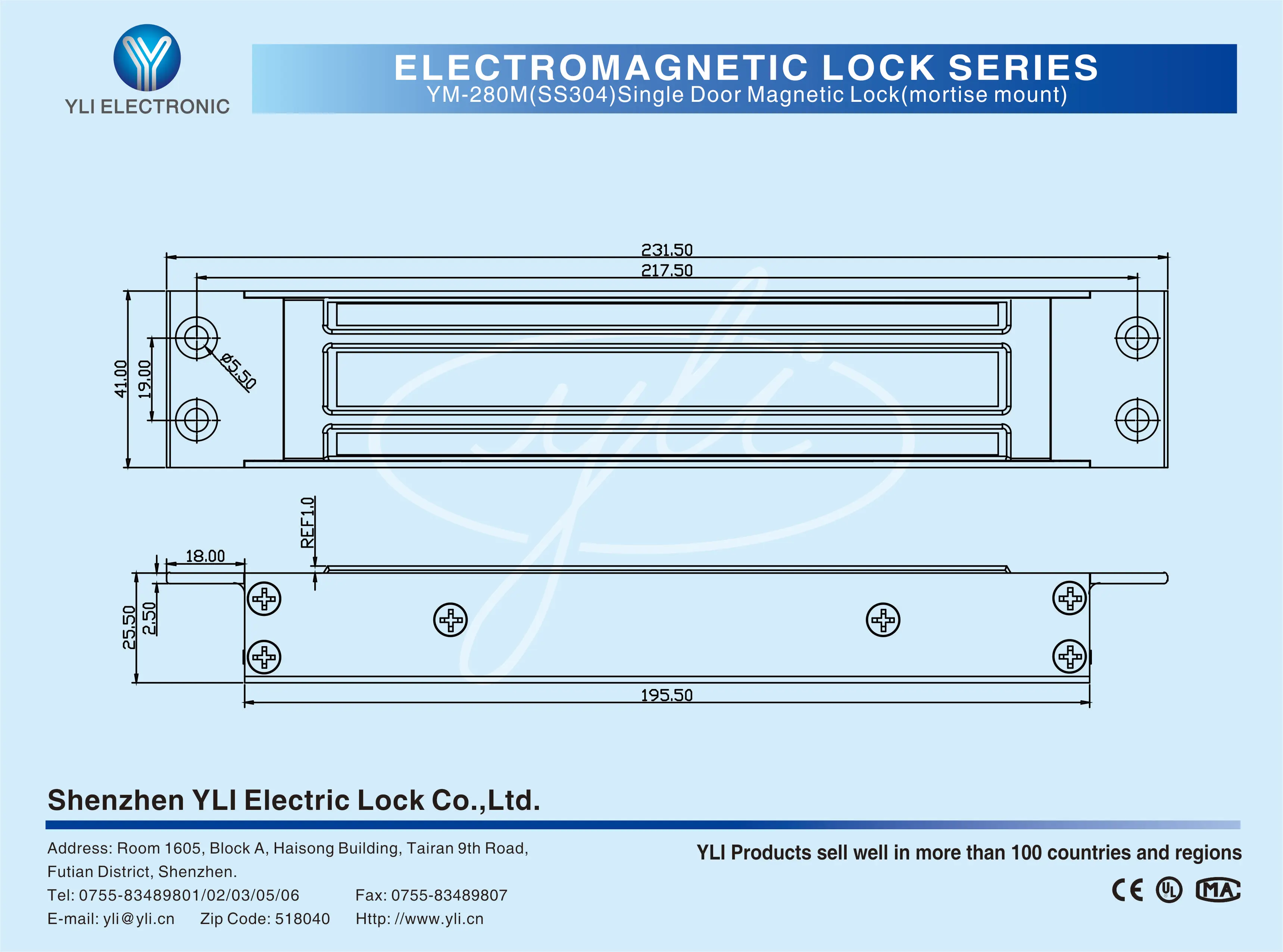 Single Door Magnetic Lock(mortise mount) YM-280M(SS304)