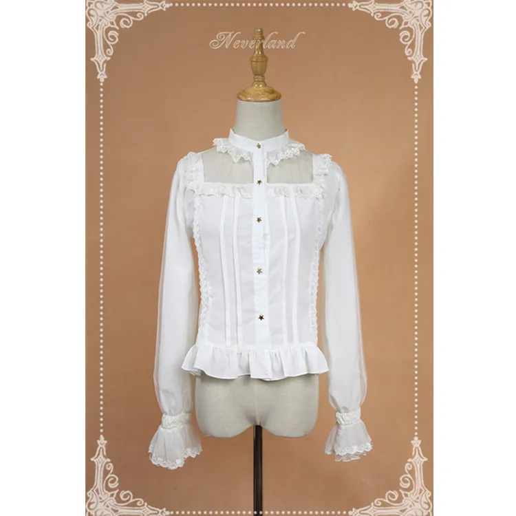 Exclusive design stretch chiffon shirt with flared sleeves and standing collar