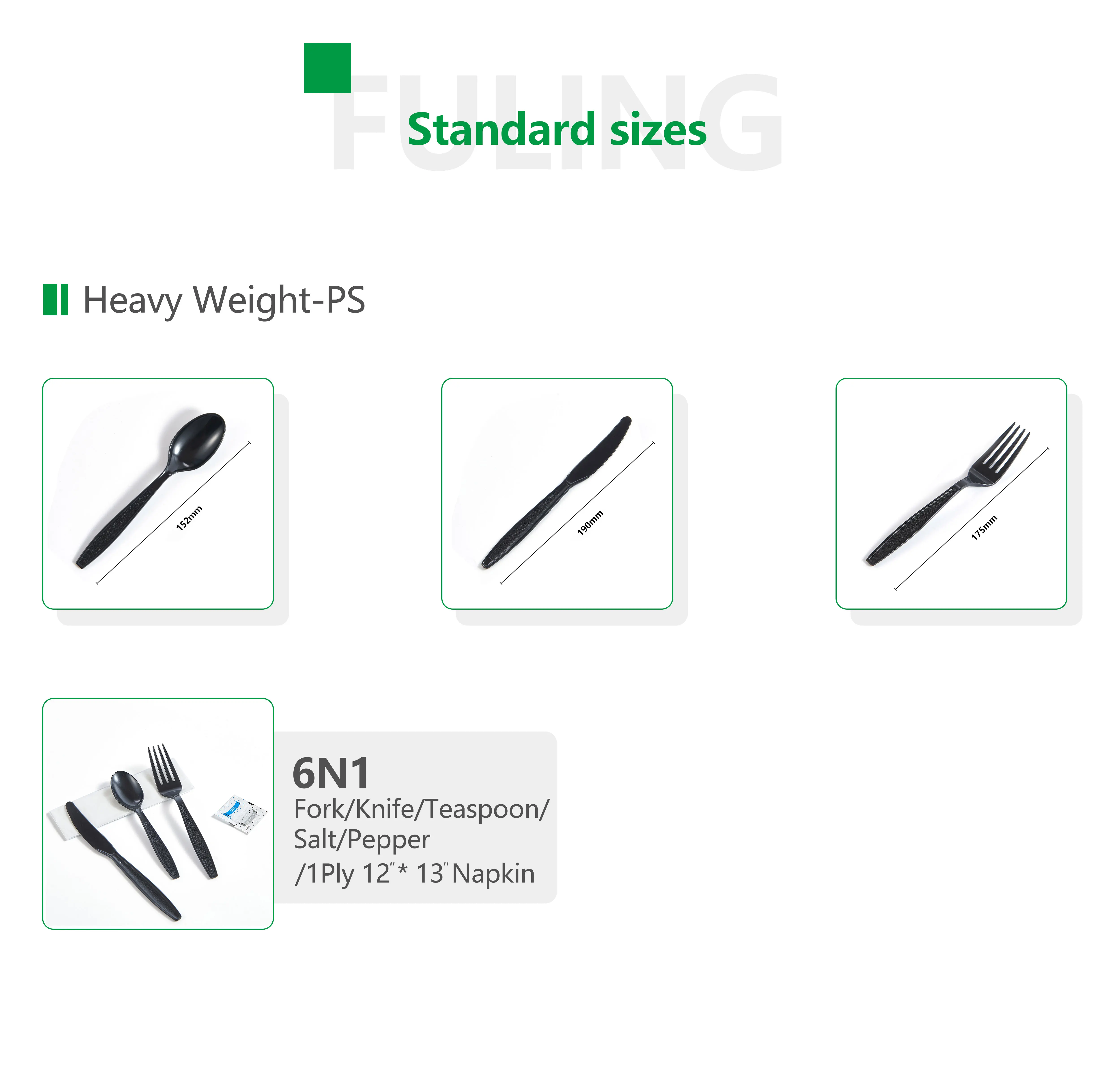 Fuling 6 In1 Heavy Weight PS Disposable dinnerware sets custom black fork and spoon knife plastic cutlery kit with napkin