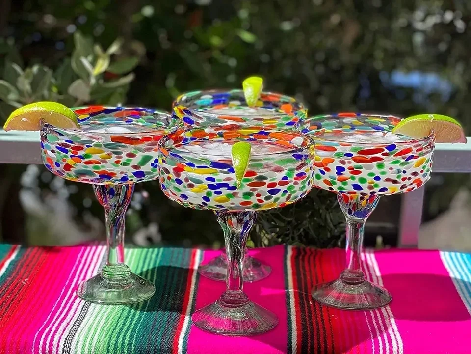 Mexican Hand Blown Recycled Shattered Colored Stemmed Durable Margarita Martini Cocktail Glass