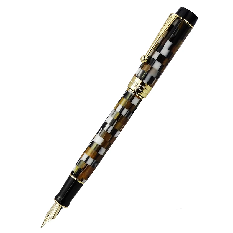 Jinhao 100 14K Gold Resin Fountain Pen Brown Checkerboard Fine Size 0.5mm Ink Pen with Converter for Business Office Writing