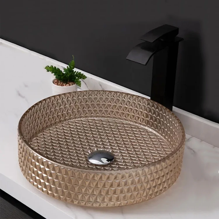 Wholesale Sanitary Ware Diamond Design Round Bathroom Sink Lavabo Table Colorful Crystal Glass Wash Basin