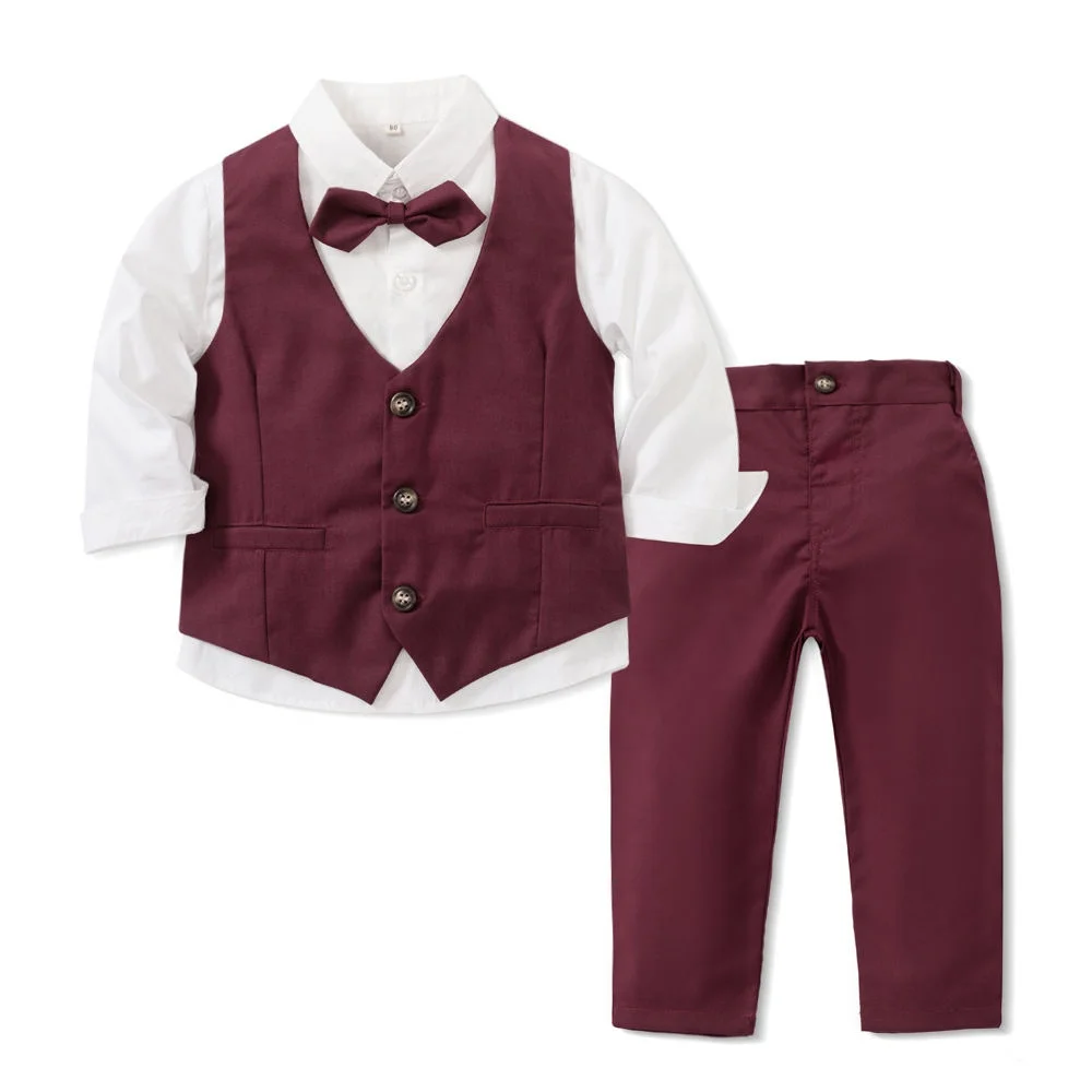 Baby Boys Clothes Formal Suits Gentleman Long Sleeve Shirt Tie Vest Trousers 3Pcs Set Autumn New Kids Boys Birthday Party Dress