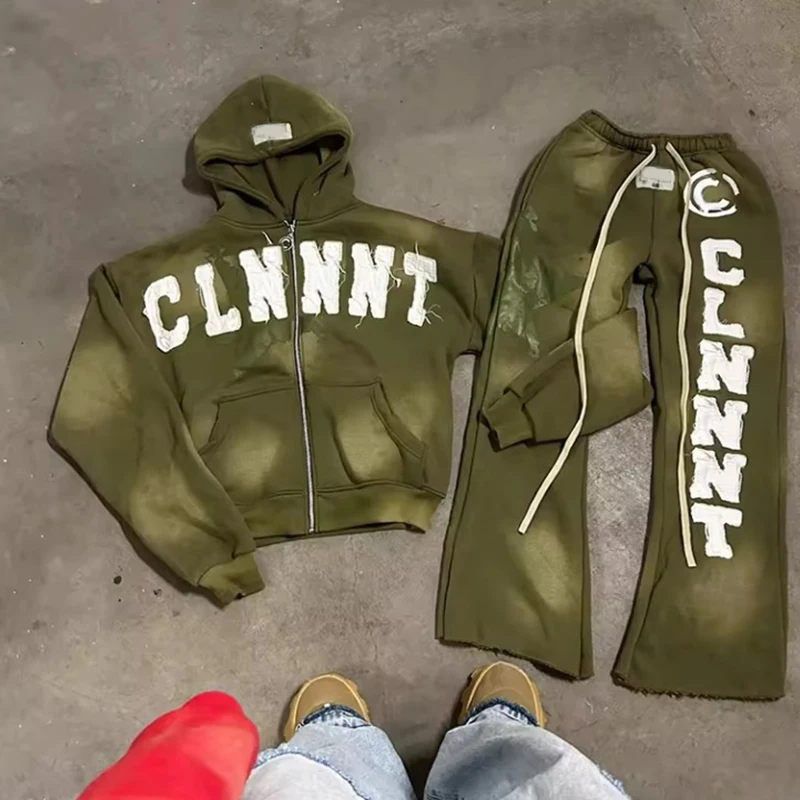Clothing Manufacturers Custom Embroidered Acid Wash Hoodie Set Vintage Oversized Flare Sweatpants And Hoodie Set