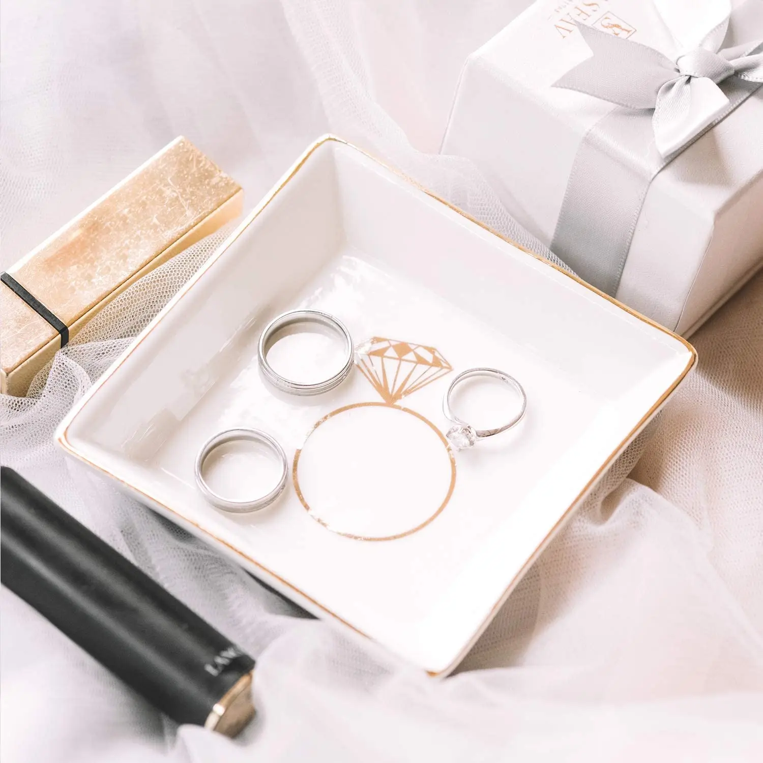 Custom Wholesale Decor Rectangular Jewelry Dish Tray Wedding Ring Trinket Tray Holder Gold Ceramic Jewelry Dish