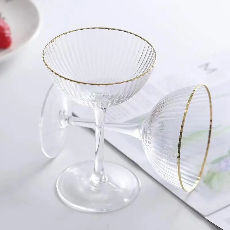 Gold border striped ice cream cup, high legged crystal glass cup, same style as milkshake cup,cocktail glass cups