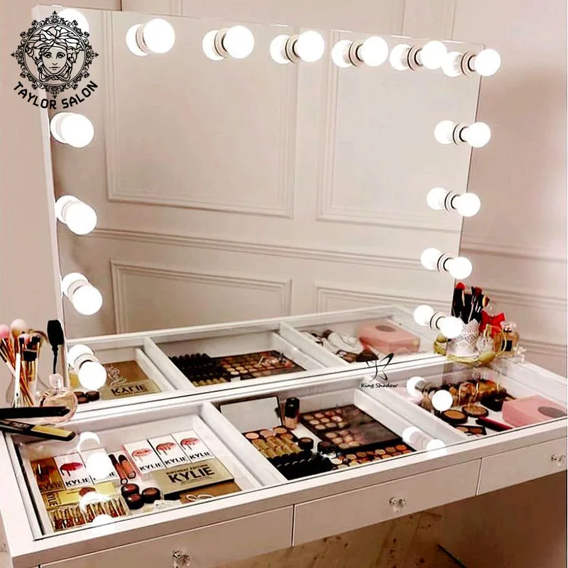 Modern Design Salon Furniture Style Mirror MDF Barber Station Hair Salon LED Mirrors Dressing Table With Drawers