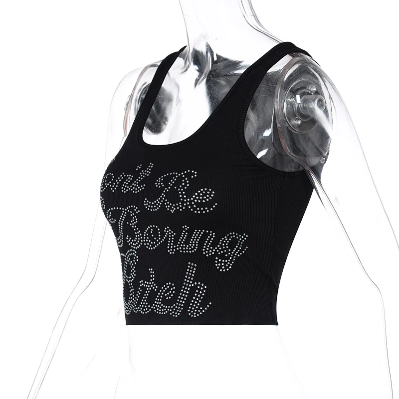 2022 Summer Girl Vintage Short Clothing Streetwear Ladies Black Rhinestone Sexy Crop Top  Women  Y2K Tank Top