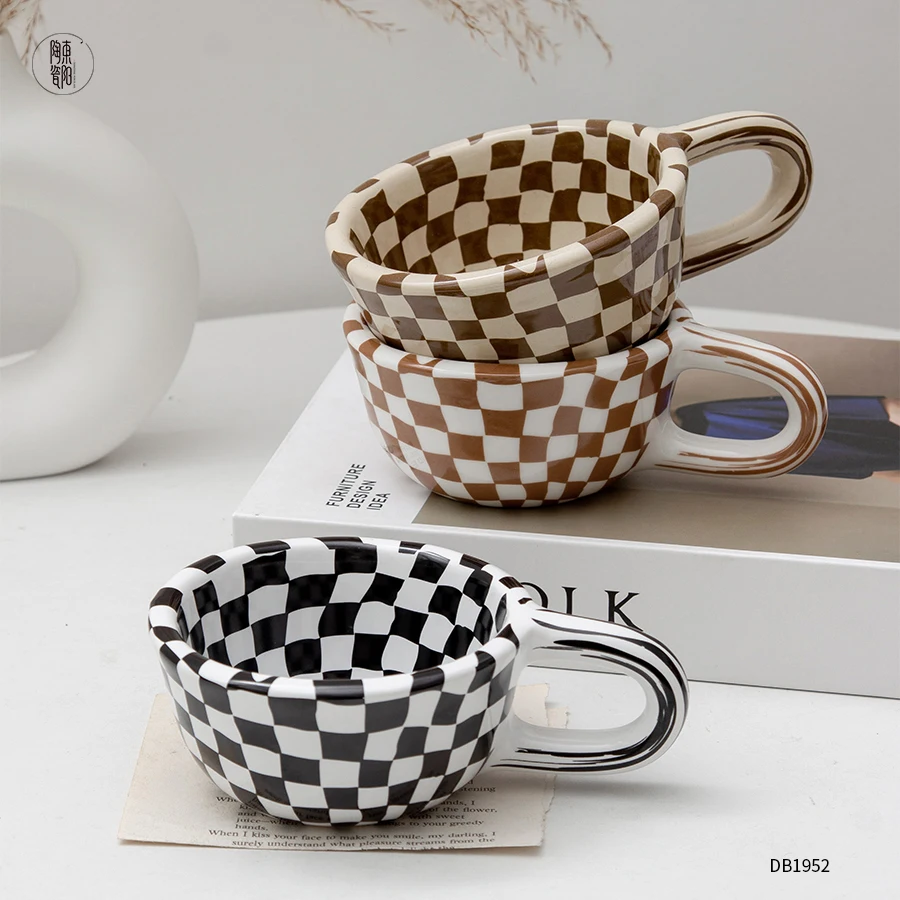 Korean irregular unique checked coffee Gift Ceramic mug Custom personalized pattern Ceramic coffee mug