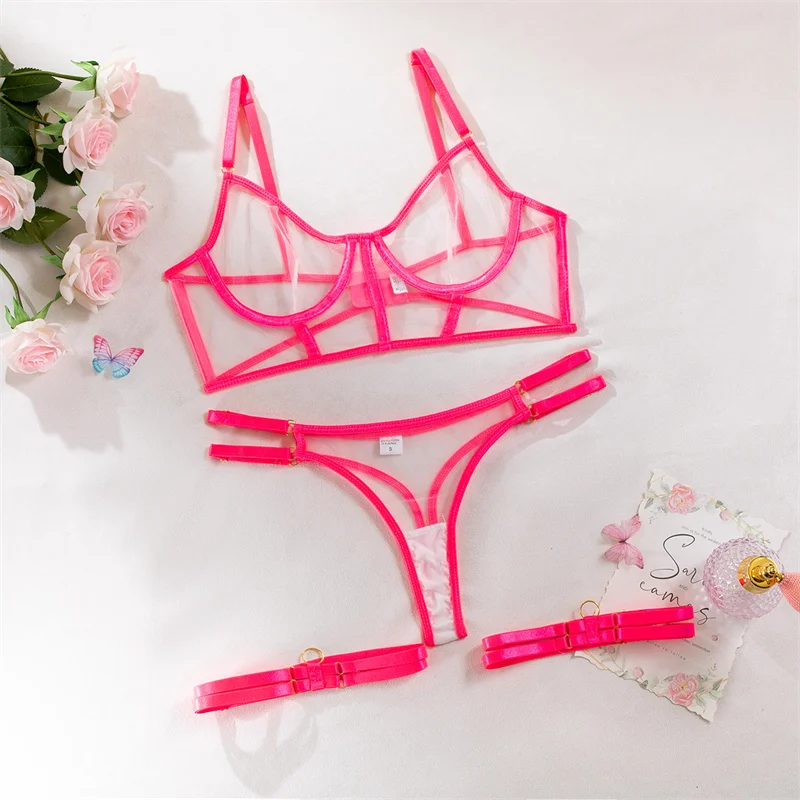 2024 New style American cute girl type bunny dress net red hot underwear bra sexy perspective fishbone mesh set female spot