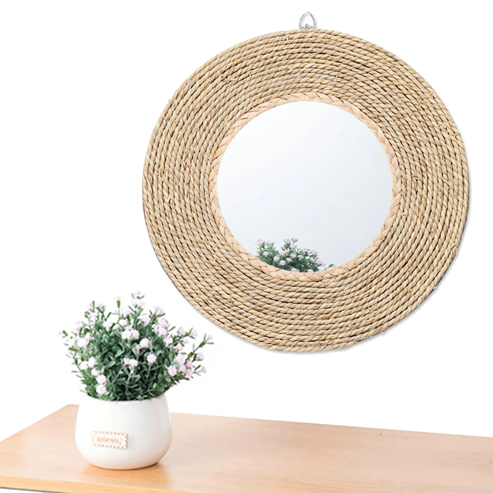Boho Round Hanging Wicker Straw Rattan Bead Round Mirror Framed Wall Makeup Mirror For Bedroom Bathroom