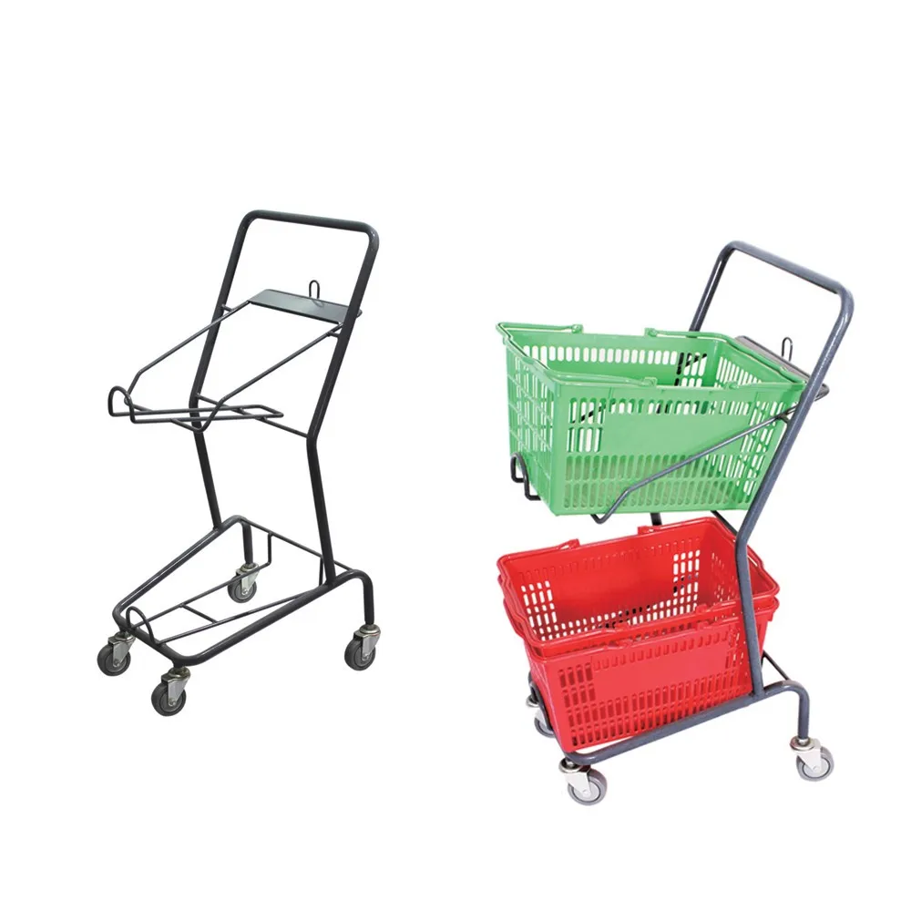 Small Shopping  Carts Steel Market Double 2 Basket Shopping Cart with Wheels 60L